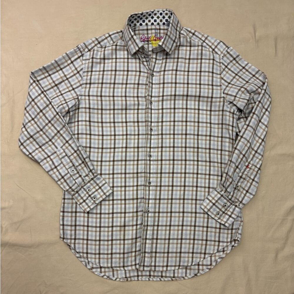 Robert Graham Men's Cream and Brown Plaid Button Down Shirt Size Medium